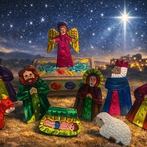 Vintage Tin Folk Art Nativity Set 9 Pc Acrylic Figures Hand hojalata